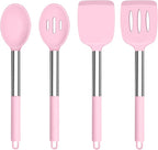 TeamFar Kitchen Utensils, 4 PCS Silicone Cooking Utensils Spatula Spoon Set with Stainless Steel Handle, for Frying Mixing Draining Turning, Healthy & Heat-proof, Non-stick & Dishwasher Safe - Pink
