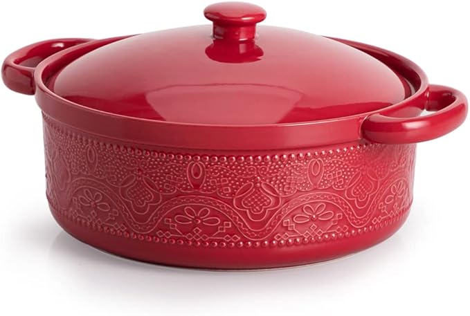 FUN ELEMENTS Casserole Dish, 2 Quart Lace Emboss Casserole Dish with Lid, Oven to Table Ceramic Round Serving Dish with Handles for Dinner and Party, Thanksgiving Christmas Gifts(Christmas Red)