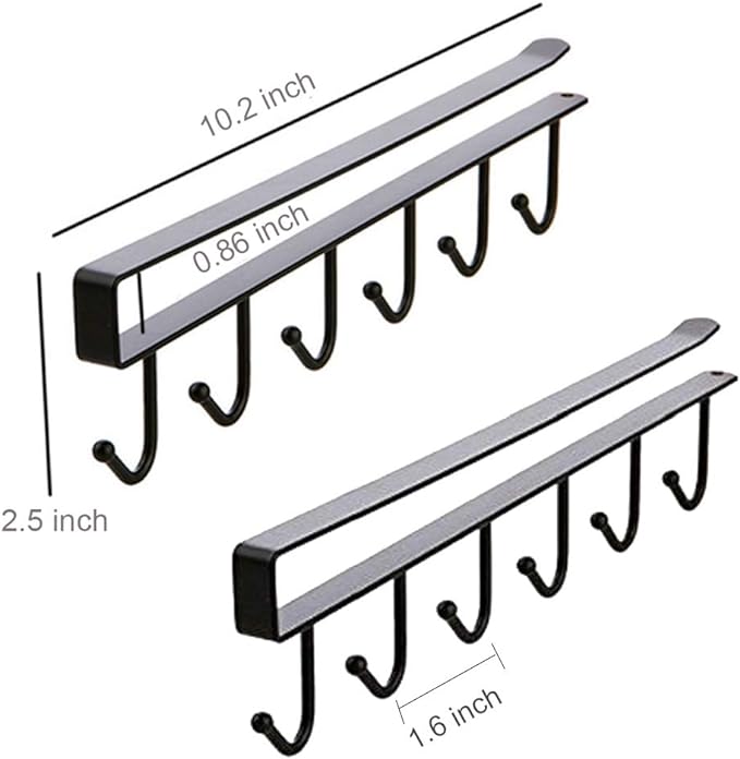 AliCH 2pcs Mug Hooks Under Cabinet Mug Holder Rack,Nail Free Adhesive Coffee Cups Holder Hanger for Cups/Kitchen Utensils/Ties Belts/Scarf/Keys Storage, Fit for 0.8inch Thickness Shelf or Less (Black)