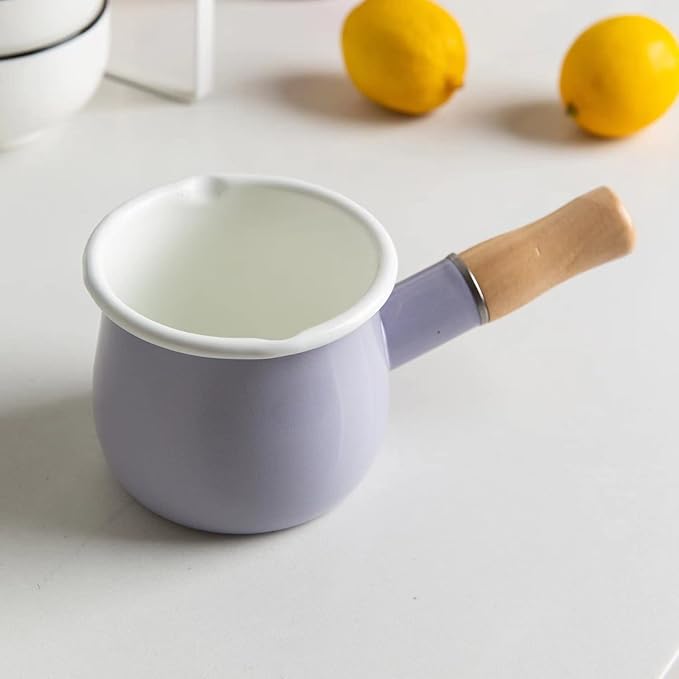 Enamel Milk Pot, Butter Warmer Non-stick Mini Saucepan, 4 Inch 17 Oz Small Cookware with Wooden Handle(Purple)