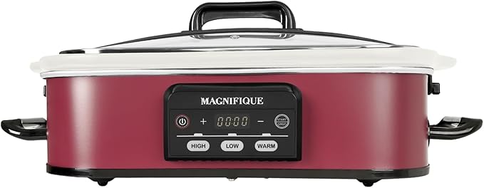MAGNIFIQUE Small 4 Quart Casserole Programmable Slow Cooker with Ceramic Baking Dish - Perfect Kitchen Small Appliance for Family Dinners, Oven Safe and Durable Bakeware for Lasagna, Roasts (Red)