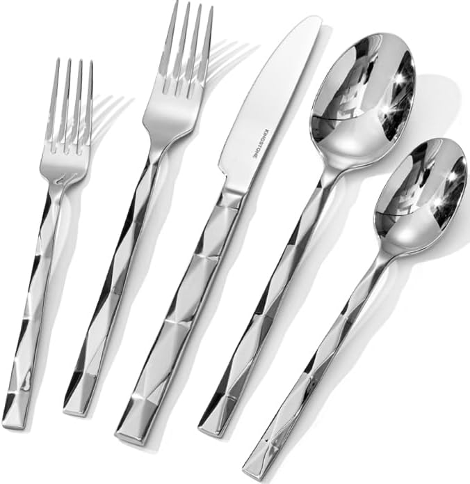 KINGSTONE Silverware Set, Luxury 20 Piece Flatware Set for 4, 18/10 Stainless Steel Cutlery Set with Diamond Cut Pattern for Kitchen, Home, Wedding, Party, Mirror Polished and Dishwasher Safe