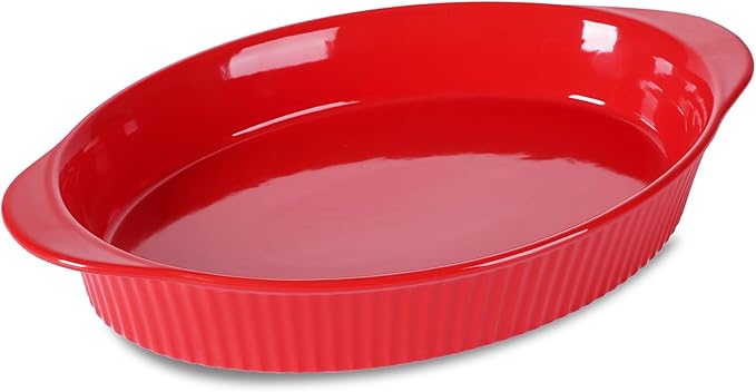 LEETOYI Porcelain 9x13 Large Oval Au Gratin Pans,Baking Dish for Servings, Bakeware with Double Handle for Kitchen and Home (Red)