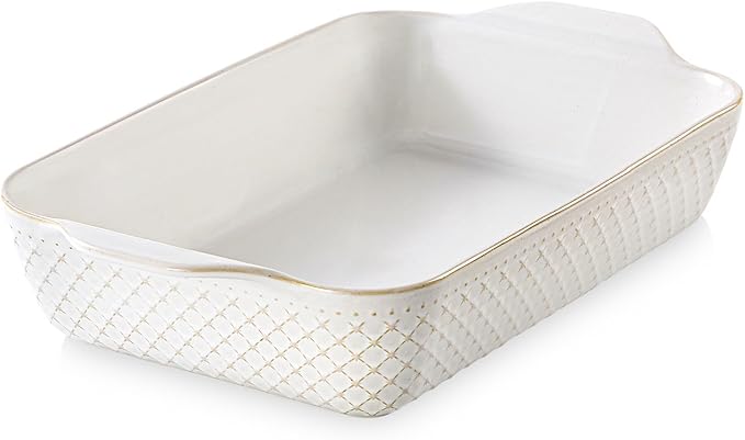 DOWAN 9x13 Deep Lasagna Baking Dish, Ceramic Casserole Dish for Oven, 4 Quarts Embossed Baking Pan with Handles, Oven Safe Bakeware for Roasting, Desserts, Durable & Giftable, Arctic White