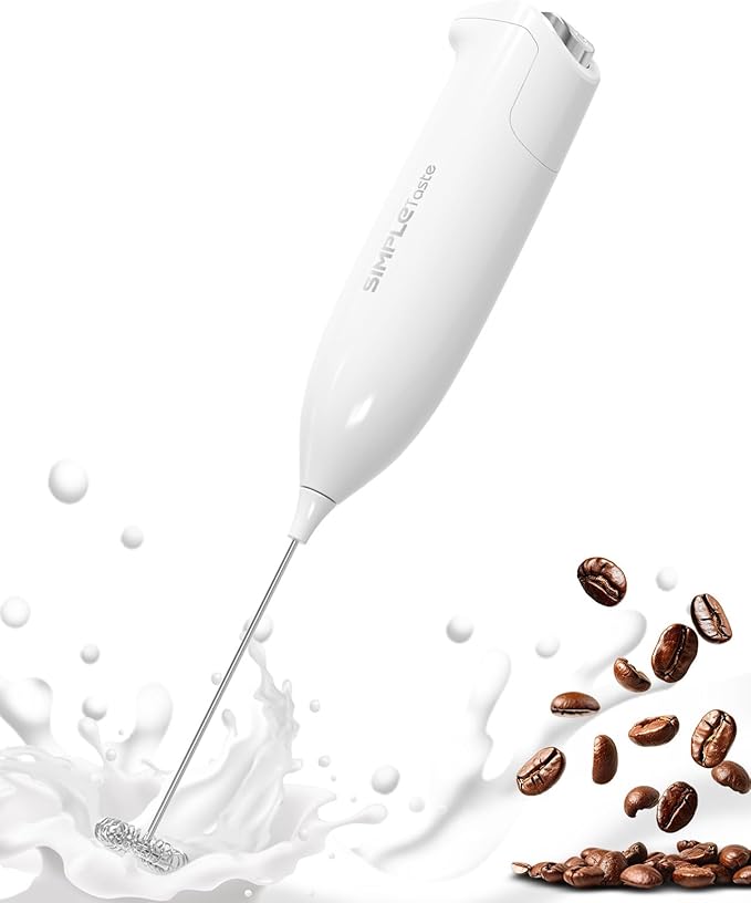 SIMPLETASTE Milk Frother Handheld Electric Foam Maker, Drink Mixer with Stainless Steel Whisk for Cappuccino, Bulletproof Coffee, Latte, Blizzard White, without Stand, Battery Operated