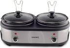 Courant Double Slow Cooker 2.5 Quart Crock each, 5.0 Quart Total Pots, with Individual Easy Cooking Options, Dishwasher Safe Stainproof Stoneware Pots and Glass Lids, Stainless Steel