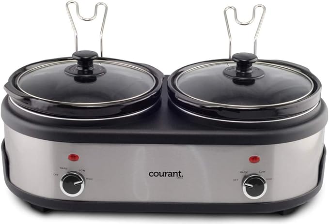 Courant Double Slow Cooker 2.5 Quart Crock each, 5.0 Quart Total Pots, with Individual Easy Cooking Options, Dishwasher Safe Stainproof Stoneware Pots and Glass Lids, Stainless Steel