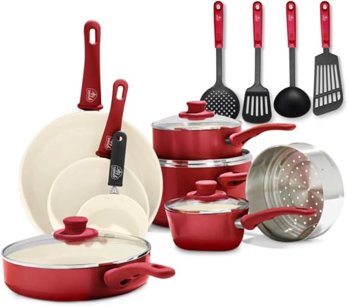 GreenLife 16 Piece Nonstick Cookware Set, Soft Grip Non-Toxic PFAS-Free Ceramic Pots & Pans, Dishwasher & Oven Safe, Frying, Sauce, Saute, Utensils, Glass Lids, Stay-Cool Handles, Wobble Free, Red