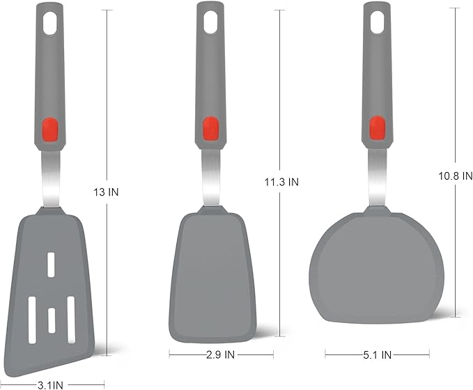 Silicone Spatula Turner Set of 3, Beijiyi 600°F Heat Resistant Cooking Spatulas for Nonstick Cookware, Large Flexible Kitchen Utensils BPA Free Rubber Spatula Set for Egg, Pancake, Fish (Gray)