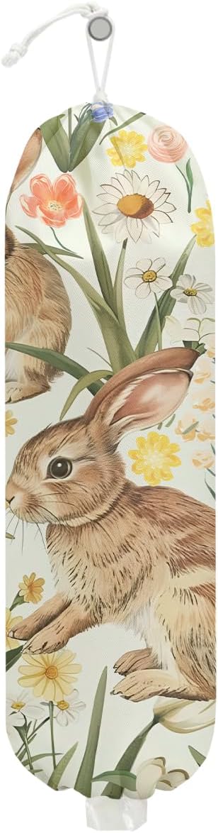 Rabbit Bunny Plastic Bag Holder, Wall Mount Grocery Bag Holder, Plastic Storage bag, Pull Rope Free Adjustment, Plastic Bag Holders for Grocery Bags, Plastic Bag Dispenser for Home Kitchen Pantry