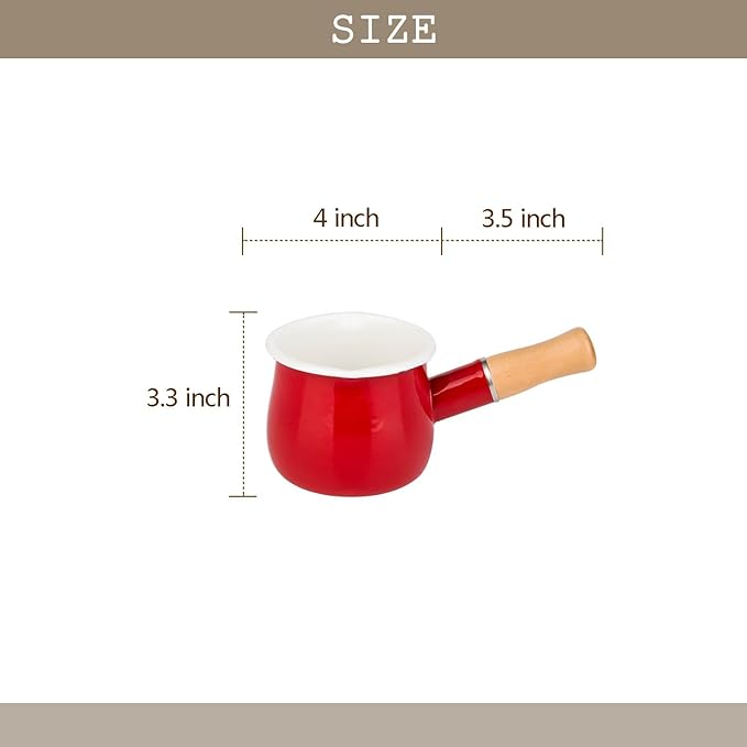 Enamel Milk Pot, Butter Warmer Non-stick Mini Saucepan, 4 Inch 17 Oz Small Cookware with Wooden Handle(Red)