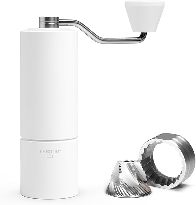 TIMEMORE Manual Coffee Grinder CNC Stainless Steel Burr Coffee Grinder with Capacity 20g Chestnut C3S Internal External Adjustable Setting, Double Bearing Positioning for Travel Camping, Home White