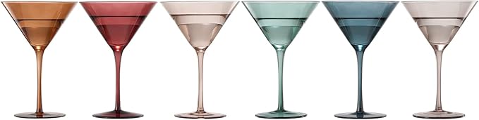 Colored Martini & Cocktail Crystal Glasses - 10oz | Set of 6 | Cute Pastel Muted Crystal Cocktail Glassware, Unique Gift Wife, Her, Mom, Friend Cocktails, Red & White Tall Stemmed Drinkware, Gifts