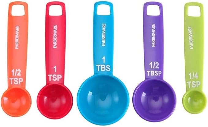 Farberware Set of 5 Measuring Spoons, Perfect for Measuring Both Wet and Dry Indgredients, Includes Detachable Ring for Optimal Storage and Organization, Dishwasher Safe, Assorted