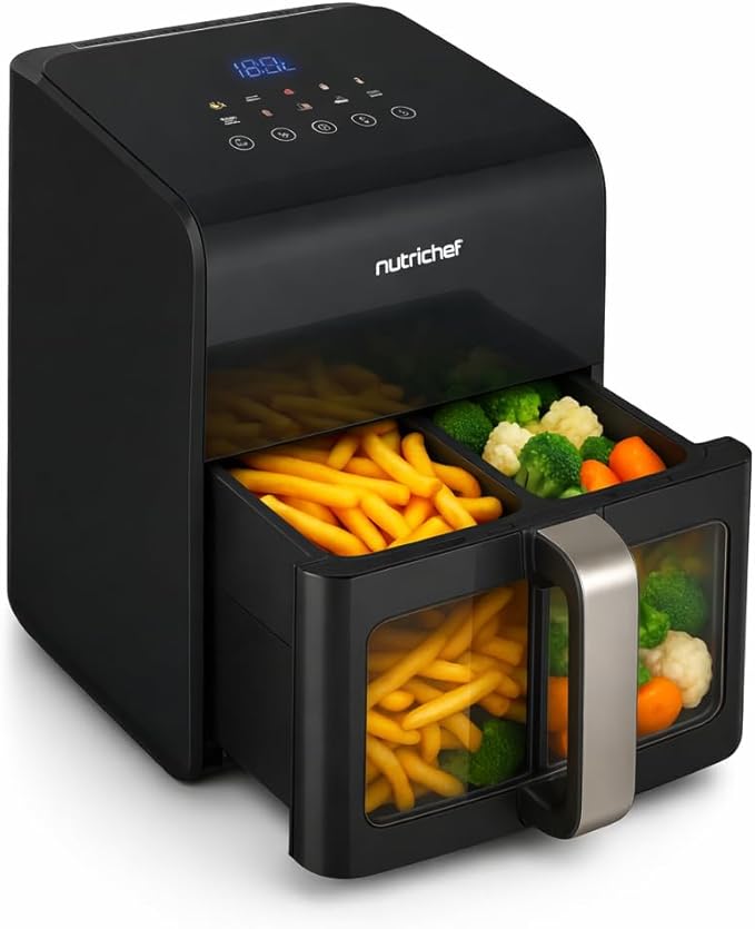 Nutrichef Electric Air Fryer Large 6.3 Quart Capacity | 12-1 Preset Cooking Functions | Includes Tenderizing Function | Digital Display | Transparent Window For Best Cooking Results | Black