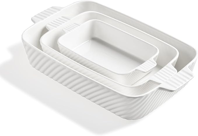 Sweejar Ceramic Baking Dish Set, Cake Baking Dish for Brownie, Porcelain Striped Casserole Dishes for Oven with Handle for Lasagna, Family Dinner(White)