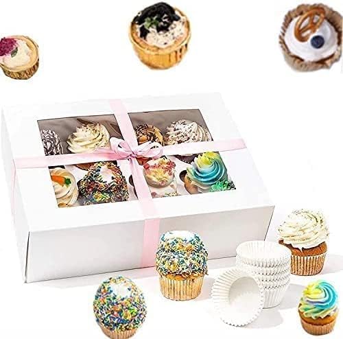 Rarapop 6 Pack Cupcake Boxes Hold 12 Standard Cupcakes, Food Grade Cupcake Holders Bakery Carrier Boxes with Windows and Inserts for Cupcakes, Muffins and Pastries