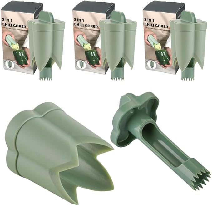 Pepper Corer, 2 in 1 Red Bell Pepper Seed Corer Remover Tool, Fruit & Vegetable Corers Quick Cave Tools for Jalapeno Cutter Deseeder, Green, 3 PCS