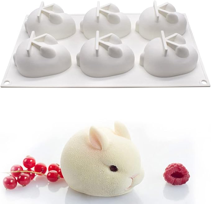 OCPO KITCHEN 3D Easter Bunny Silicone Mold for Baking Rabbit Shape Mousse Cake, French Dessert, Chocolate, Pastry, Pudding, Jelly, Cake Decoration Mold, Rabbit Shape (6 Cavity)