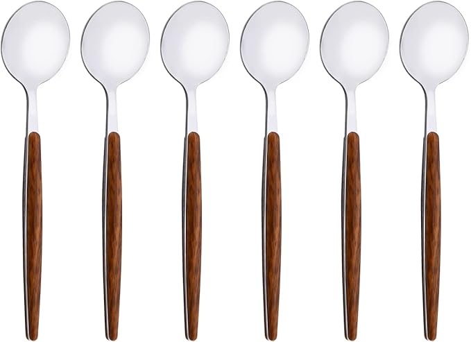 6-Piece Teaspoons Set, Stainless Steel Tea Spoons Set for 6, Silver Mirror Polished Small Spoons for Home Kitchen Restaurant, Round Wooden Effect Handle, 5.9inches, Dishwasher Safe