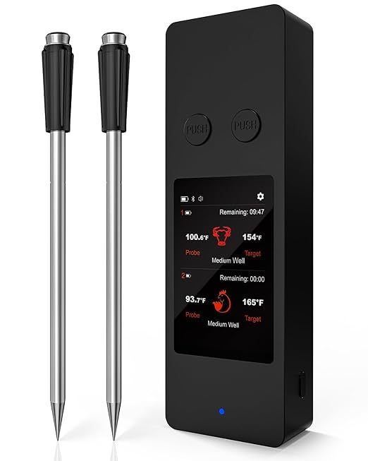 Bluetooth Wireless Meat Thermometer with App, Touch Screen, Audible Alarm, 2 Probes, 800ft Range & Rechargeable Base, Kitchen Food Thermometer for Cooking, BBQ, Smoker | Stocking Stuffers for Men