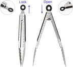 304 Stainless Steel Kitchen Cooking Tongs, 9" and 12" Set of 2 Sturdy Grilling Barbeque Brushed Locking Food Tongs with Ergonomic Grip, Black