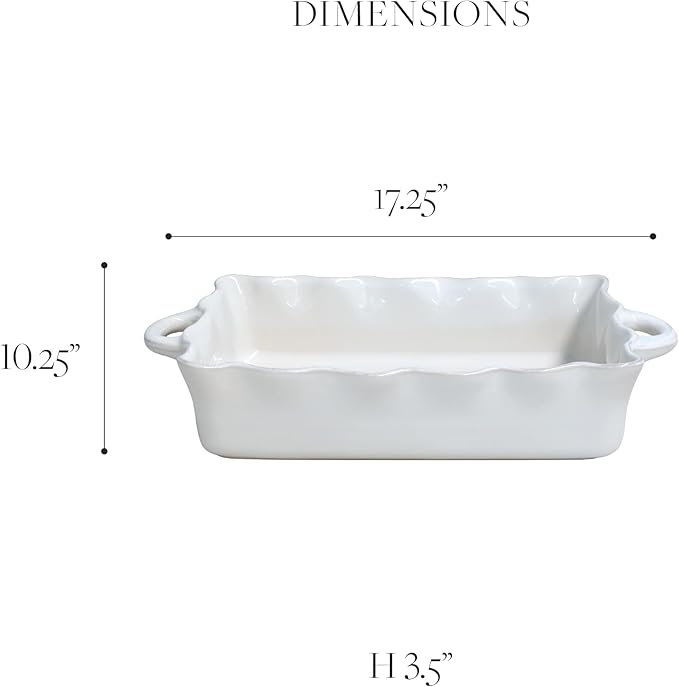 Casafina Ceramic 17.25" x 10.25" Rectangular Ruffled Baker - Cook & Host Collection, White | Oven & Dishwasher Safe Bakeware | Food Safe Glazing | Restaurant Quality Dinnerware