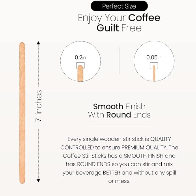 Coffee Stirrers Disposable Wooden Coffee Stir Sticks - Round-End Birchwood 7 Inches Large Wooden Stir Sticks - Pack of 2000 Wood Stir Sticks