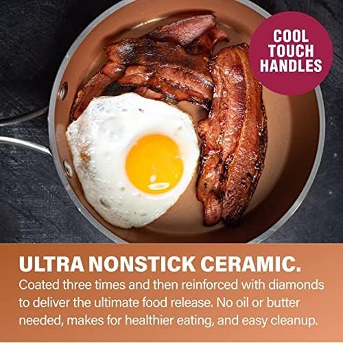 Gotham Steel Hammered 15 Pc Ceramic Cookware Set Nonstick, Induction Pots and Pans Set Non Stick with Bakeware Set & Steamer for Cooking, Non Toxic PFOA PFOS Free, Oven & Dishwasher Safe - Copper