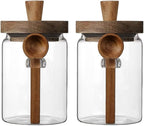 ANSQU Set of 2 Glass Food Storage Jars with Bamboo Wood Lid and Spoon, 27oz Glass Kitchen Canisters for Coffee, Tea, Cereal, Spice and Canning, Mason Jars (27oz-2pack)