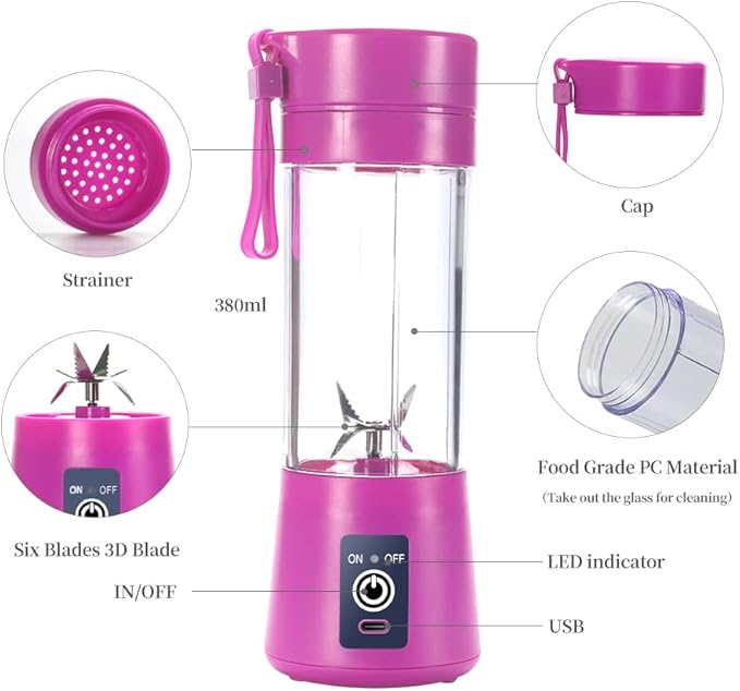 Portable Blender Cup,Electric USB Juicer Blender,Mini Blender Portable Blender For Shakes and Smoothies, Juice,380ml, Six Blades Great for Mixing,Purple