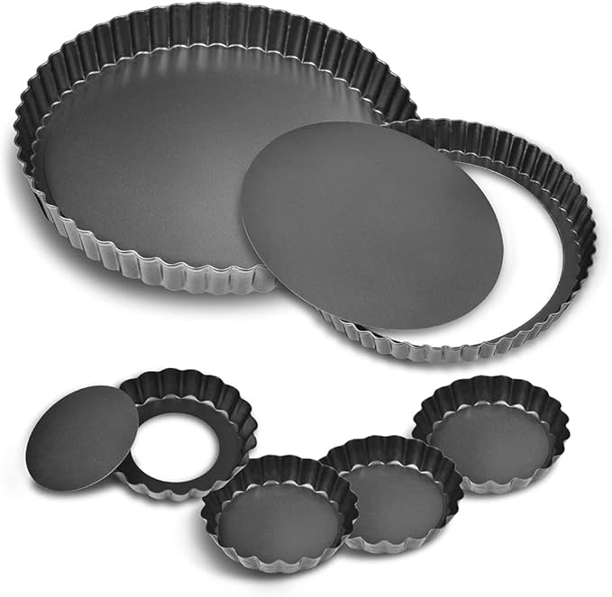 TORASO 11Inch, 9 Inch and 4 Inch Tart Pan with Removable Bottom, 2 Pcs Large Size Quiche Pan and 4 Pcs Small Size Pie Pan, Non-Stick Baking Pan (Set of 6)
