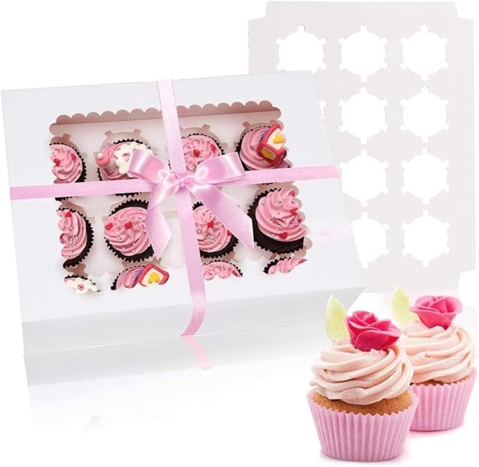 Rarapop 6 Pack Cupcake Boxes Hold 12 Standard Cupcakes, Food Grade Cupcake Holders Bakery Carrier Boxes with Windows and Inserts for Cupcakes, Muffins and Pastries