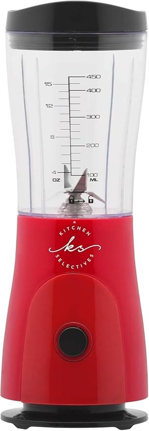 Kitchen Selectives 14-Ounce Mini Blender Color Series - Personal, Portable Blender for Fruit Smoothies & More - With Powerful Stainless Steel Blade & Drink Lid - Red