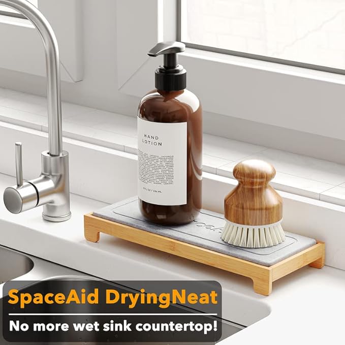 SpaceAid DryingNeat Instant Dry Sink Caddy Organizers, Kitchen Sponge Soap Holder Dispenser, Countertop Fast Drying Counter Tray Rack (Bamboo, Gray)