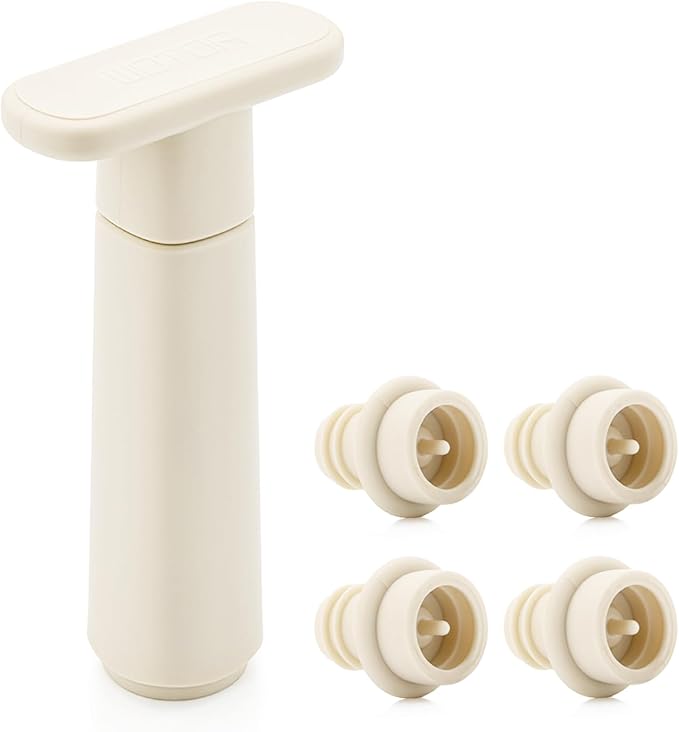 WOTOR Wine Saver Vacuum Pump with 4 Stoppers, Wine Stopper & Preserver, Reusable Bottle Sealer Keeps Fresh, Ideal Accessories Gift, Flat Handle (Cream)