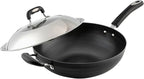 Wok Pan with Lid Nonstick Wok 32cm, Carbon Steel Woks Stir-Fry Pans, No Chemical Coated Flat Bottom Chinese Wok, for Electric, Induction and Gas Stoves