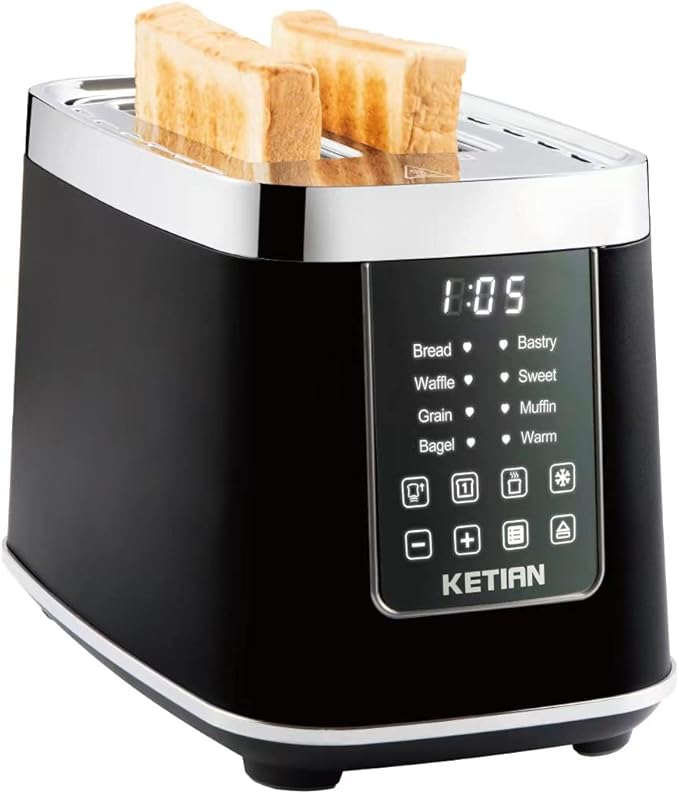Smart Toaster Touchscreen, KETIAN Automatic Electric Digital Toaster 2 Slice, 7 Browning Settings, Preset Modes for 7 Types of Bread, 1400W