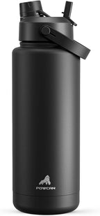 POWCAN 40 oz Insulated Water Bottle with 2-in-1 Straw and Spout Lid, Keep Cold 24H, Leak-Proof, BPA-Free, Double Wall Stainless Steel Water Bottle for Sports, Gym, Travel, and School (Dark Knight)