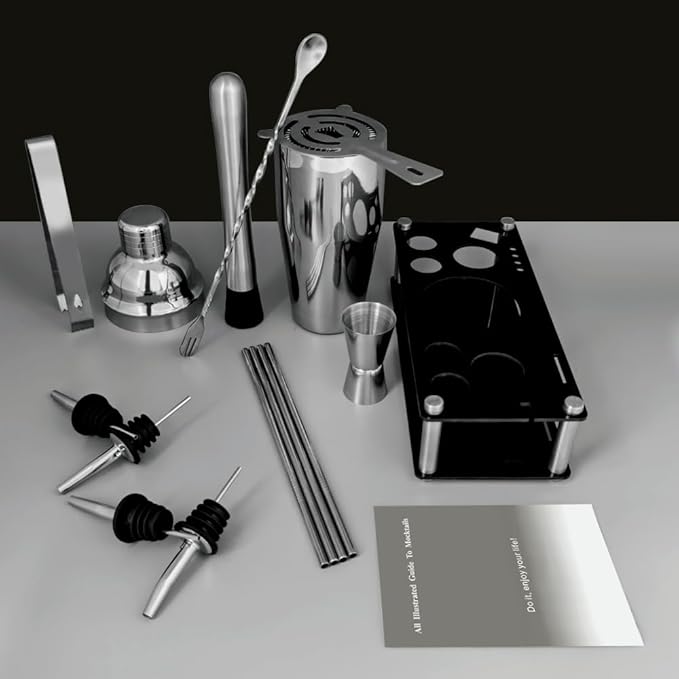 14-Piece Cocktail Shaker Set Bartender Kit with Black Stand, Bar Tool Set for Drink Mixing Bartending Kit Bar Sets Accessories: 750ml(25oz) Shaker, Jigger, Muddler, Cocktail Recipes (Silver)