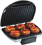 Hamilton Beach Electric Indoor Grill, 6-Serving, Large 90 sq. in. Nonstick Easy Clean Plates, Floating Hinge for Thicker Foods, 1200 Watts, 6.38"D x 12.68"W x 13.78"H , Silver (25371)