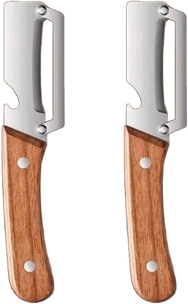 2 Pack 2 in 1 Multi Functional Vegetable Peeler with Bottle Opener and Wooden Handle Stainless Steel Blade Kitchen Tool for Sugar Cane Potato Fruit Pineapple Pumpkin Papaya Carrot Veggie Peeler