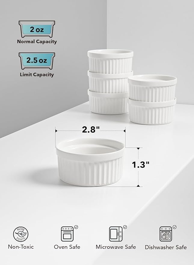 LE TAUCI Sauce Cups 2 OZ, Small Dipping Bowls, Mini Ceramic Ramekins Souffle Dishes, Sauce Dip Bowls for Charcuterie Boards, Microwave & Oven Safe, Set of 6, White