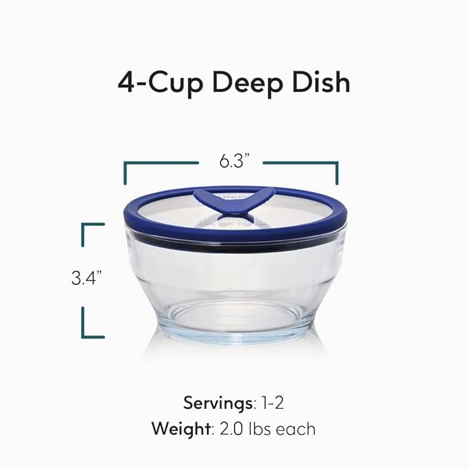 Anyday 4-Cup Glass Food Storage with Glass Lid, Round Deep Dish | Plastic-Free Meal Prep & Microwave Cookware | Stackable Airtight Storage Container with Vented Lid for Microwave-Safe Reheating