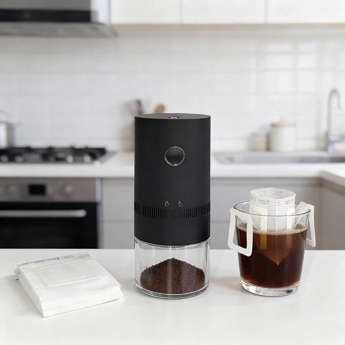 Portable Electric Burr Coffee Grinder, 1500mAh USB Rechargeable with Ceramic Burr & 10 Filters, for Espresso, French Press, Travel & Home Use