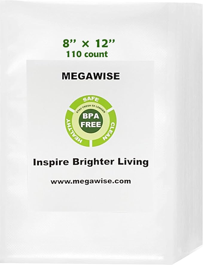 MEGAWISE Vacuum Sealer Bags (8''x 12''-110pcs) for Food Freshness Preservation, BPA Free Vacuum Storage Bags for Food or Sous Vide, Seal a Meal,Double-Sided Texture, Double Lock Freshness (110 count)