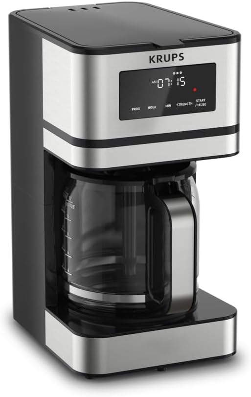 KRUPS Simply Brew: Stainless Steel and Glass Carafe 12 Cup Drip Coffee Maker, Programmable with Digital Display, Dishwasher Safe, Drip Free Coffee Machine, Black and Silver
