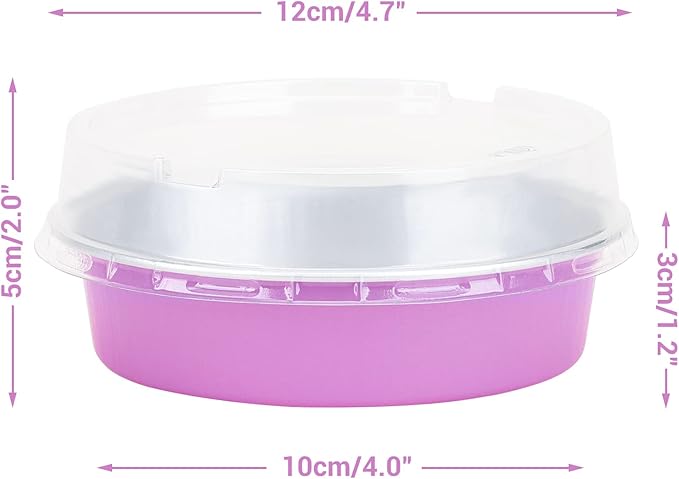 Beasea Disposable Mini Pans with Lids, 50 Pack 4” 8oz Light Pink Aluminum Baking Foil Tins Round Small Tart Container for Individual Cupcake Dessert Muffin Ramekin Cheesecake Quiche Oven Dishes