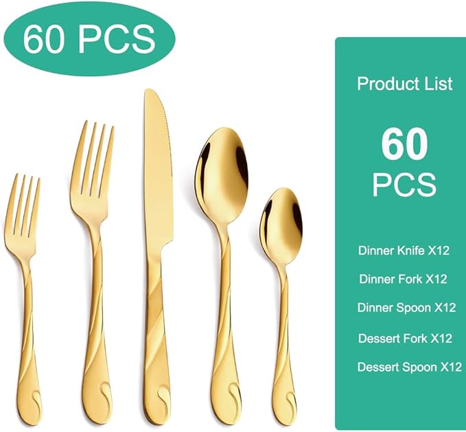Gold Silverware Set for 12, 60-Piece Stainless Steel Flatware Set, Shiny Gold Metal Cutlery Set, Include Spoon, Fork and Knife Set, Dishwasher Safe