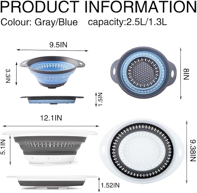 Collapsible Colander Set, Square Round Triangles Silicone Kitchen Strainer Perfect for Draining Pasta Vegetable fruit 2 PCS (Gray&Blue, 12"L x 9.5"W x 2.3"H)